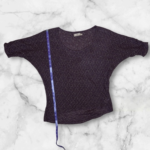 NATION LTD Pointelle Knit Metallic Weave Ruched Sleeve Layering Top - Picture 5 of 9